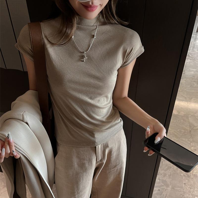 Women S Fitted Short Sleeve Half High Neck T Shirt Elegant Inner Wear