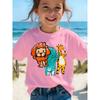 European sizes Girls' Fun Zoo-Themed Short-Sleeve T-Shirt with Adorable Cartoon Lion, Elephant, and Giraffe Prints. Available in Multiple Colors