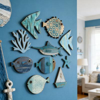 10Pcs Wooden Fish Wall Decoration School of Fish Beach Lake House Bathroom Wall Art Nautical Coastal Ocean Theme Hanging Ornament