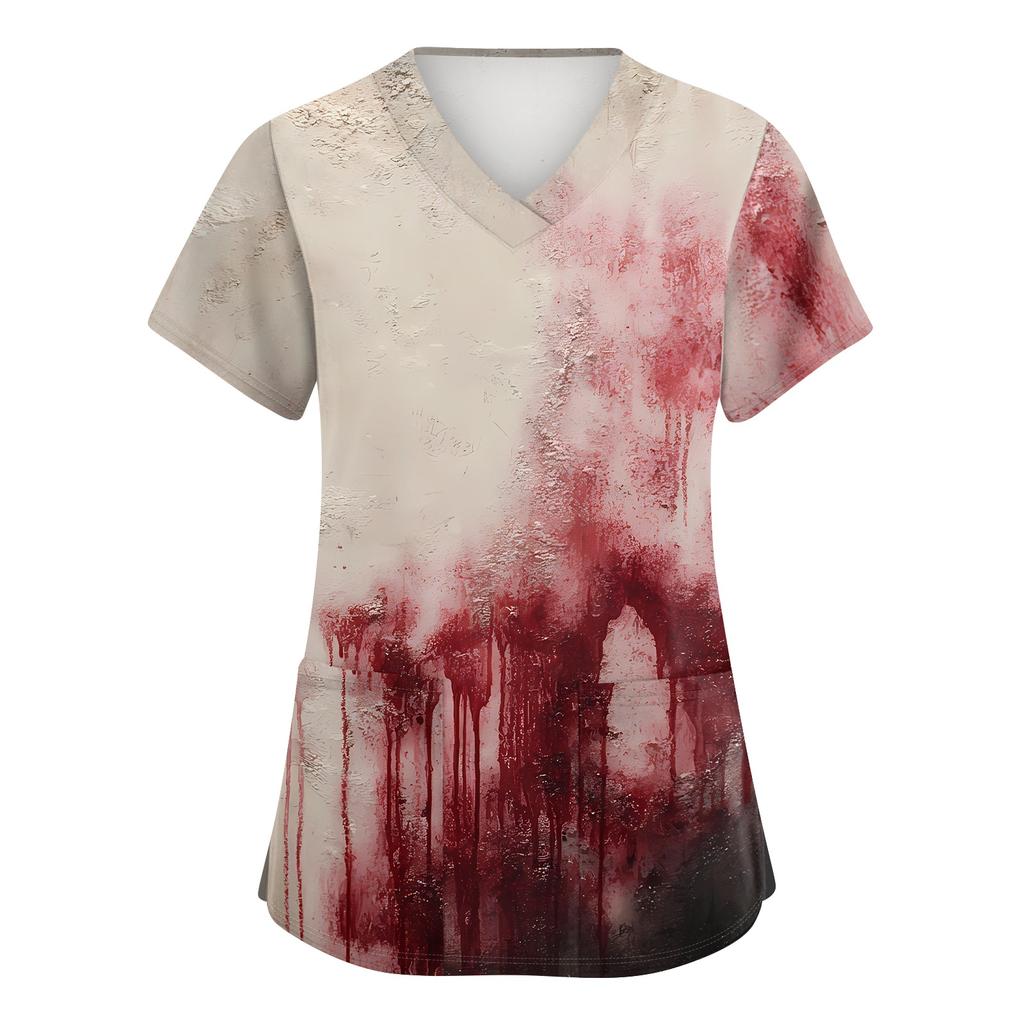 Womens V Neck Short Sleeve Work Shirt Side Slit Pockets Halloween Print Top Casual Comfortable Fit