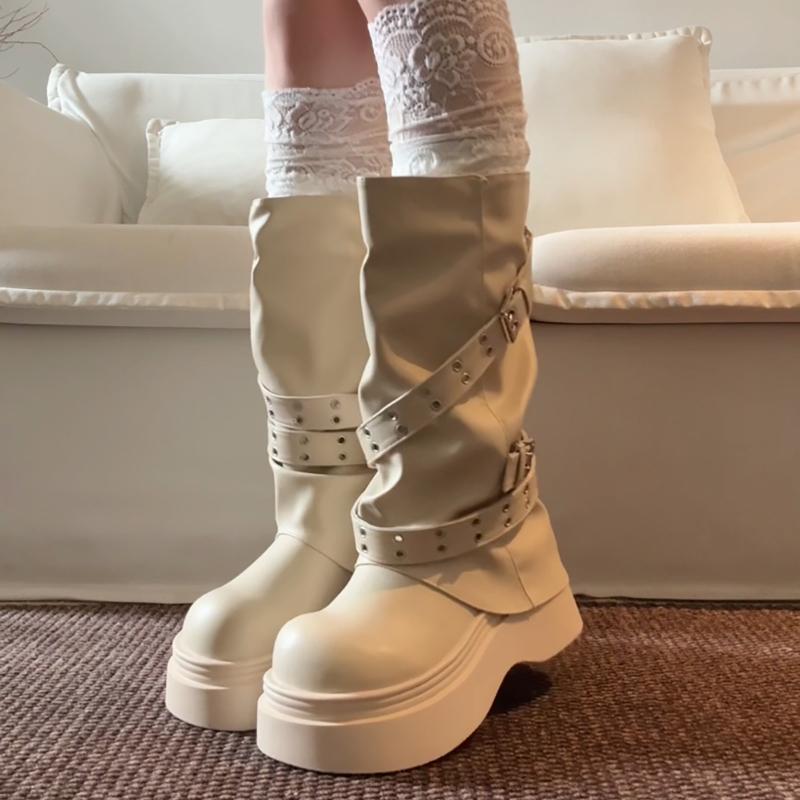 Hottie Platform Thick Heel Women Knight Boots Fashion Belt Buckle Shoes Female Punk Rivet Mid Calf Booties De Muje