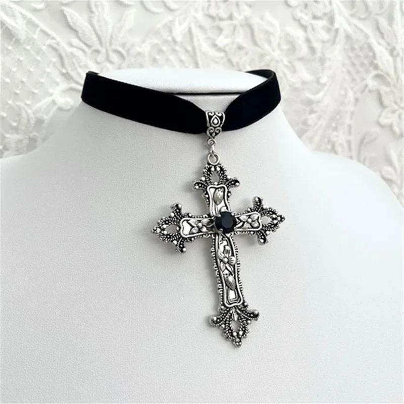 Black Velvet Cross Bead Choker Necklace Gothic Punk Jewelry for Women Halloween Statement Piece