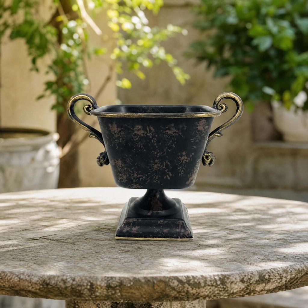 Distressed Metal Pedestal Vase Floral Bowl VintageInfluenced Elevated Stem Flower