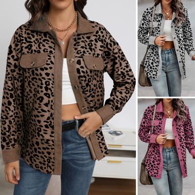 Women Spring Fall Coat Fake Chest Pocket Turn-down Collar Single-breasted Leopard Print Long Sleeves Mid Length Daily Wear Jacket
