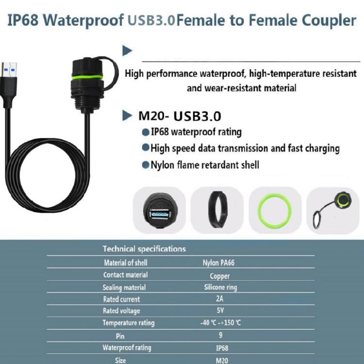 Speed USB Coupler USB3.0 Panel Mount Nylon Shell IP68 Waterproof Rating for Industrial Machinery USB Extension Cord