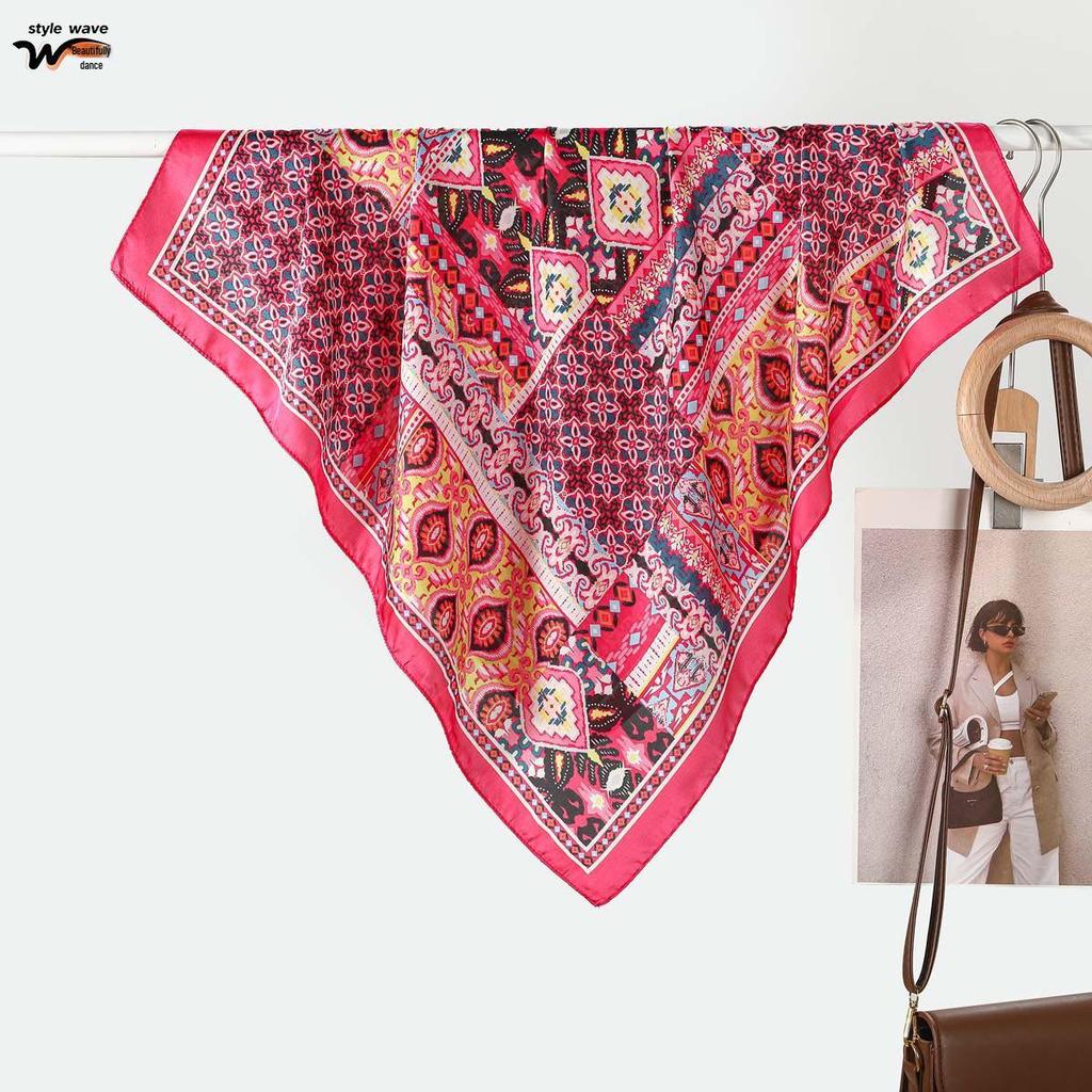 70CM Retro Ethnic Style Faux Silk Scarf for Women: Small Neck Scarf, Sun Protection, Travel Accessory