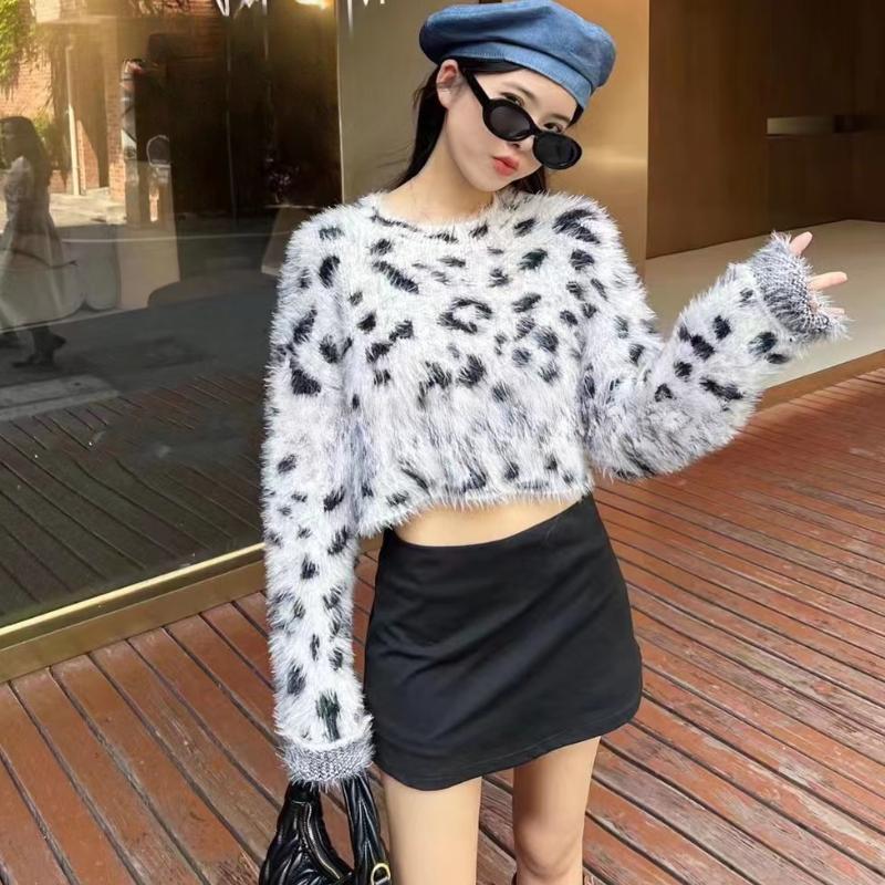 Imitation Mink Fur Loose Long Sleeve Cropped Sweaters Women Autumn Winter Fashion Leopard Print Pullover Sweater Ladies Elegant Slim Knitwear 24792
