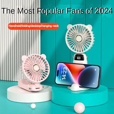 Handventilator, Mini-Ventilator, faltbar, tragbar, zum Aufhängen am Hals, 5 Geschwindigkeiten, per USB wiederaufladbar, 3000 mAh, mit Telefonständer und Anzeigebildschirm