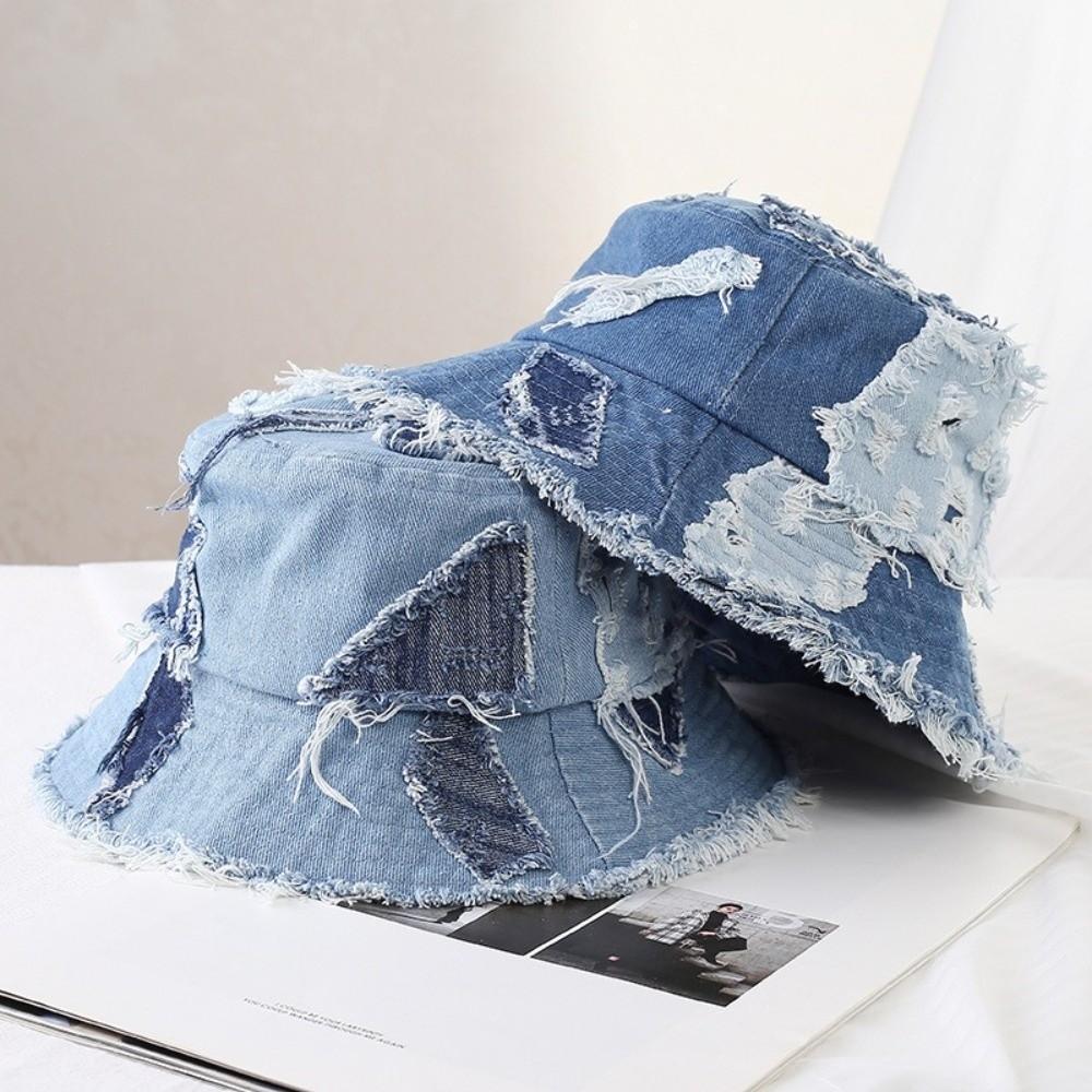 Beggar Style Retro Fisherman Hat Patched Sun Protection Basin Cap Fashion Denim Bucket Hat  Women