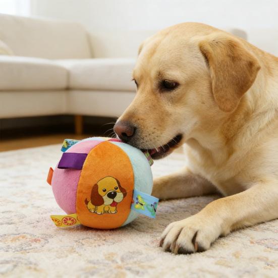 Yousheng Hund Plüschball Spielzeug Welpen Glockenball mit bunten Bandlaschen Interaktiver weicher gefüllter Ball für Hunde Training Tauziehen Apportieren