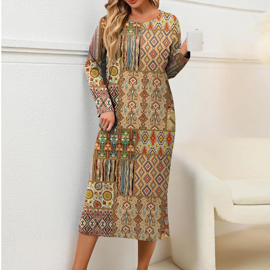 Women's Fashionable Casual Long-Sleeved Round Neck Retro Geometric Print Elegant Dress