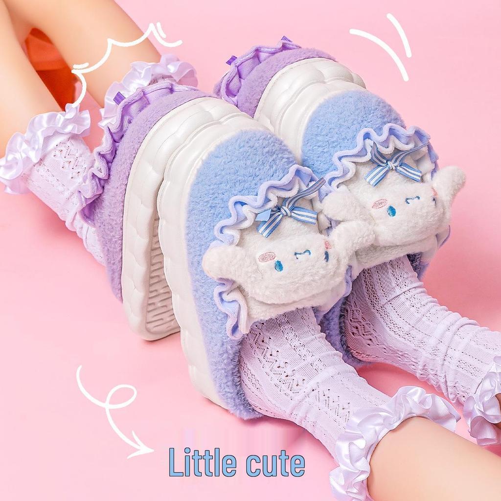 Útulné dámské nadýchané plyšové pantofle Cinnamoroll - Roztomá bavlněná zimní domácí obuv pro podzim a zimu 2025.