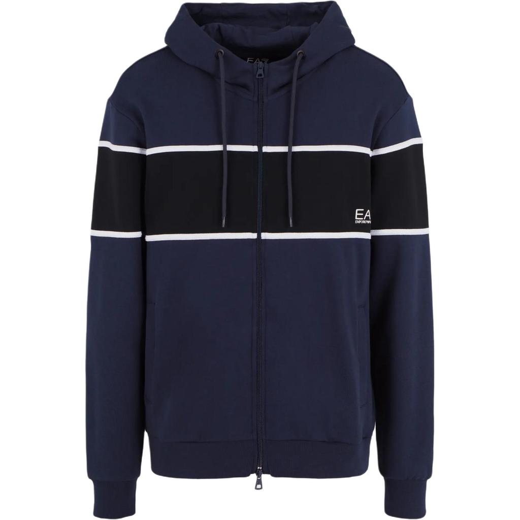 Emporio Armani EA7 Color Block Letter Logo Printed Hooded Zip-Up Long Sleeve Sweatshirt Men sweatshirts Navy-Blue 6DPM81-PJTKZ-1562