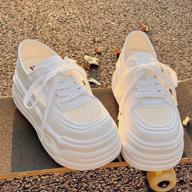 With skirt mesh breathable new summer thin mid-heel board shoes milk Huhu casual shoes