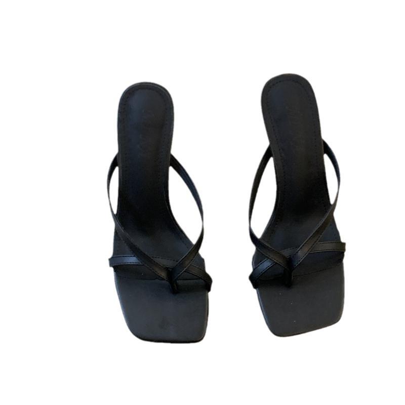 2025 summer new French toe sandals thin heel slippers women wear cool slippers square head high heel flip-flops