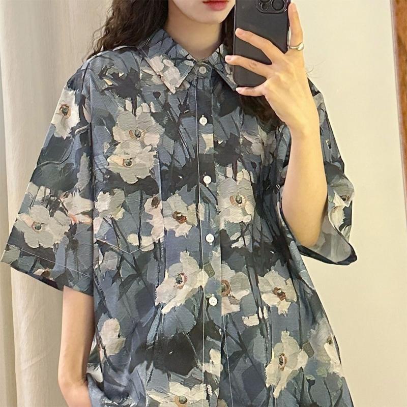 

Цветочная новая рубашка с коротким рукавом для женщин, ретро, свободная, в корейском стиле, с лацканами, на пуговицах, повседневная летняя женская одежда XXL