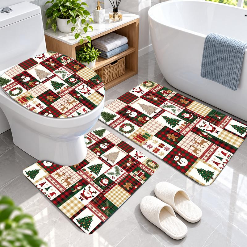 3Pcs Flannel Toilet Mat Set Christmas Bathroom Rug Bath Carpet Non Slip Home Decor