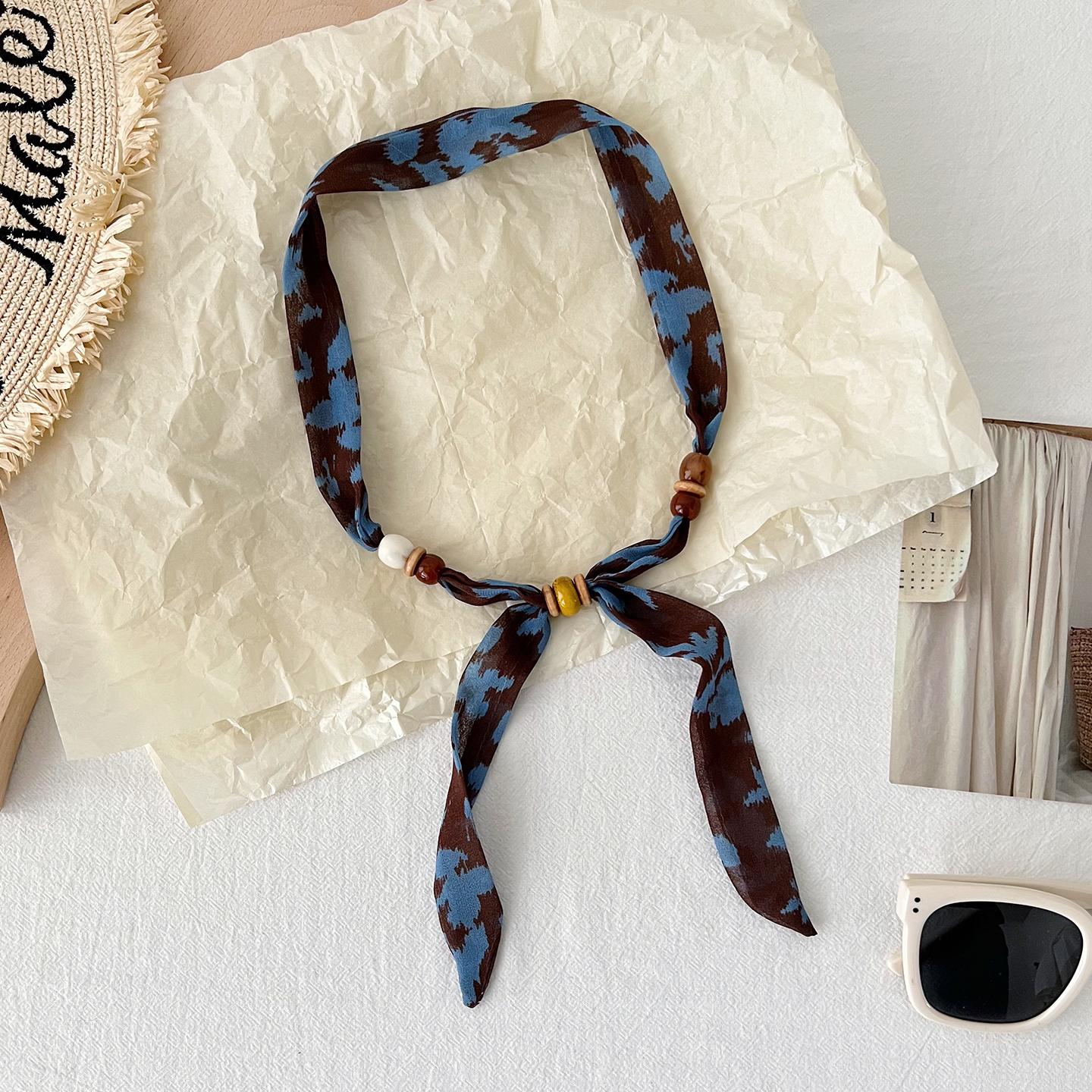Women S Korean Style Beaded Polka Dot Thin Narrow Scarf Summer Decorative Necktie 45cm синий