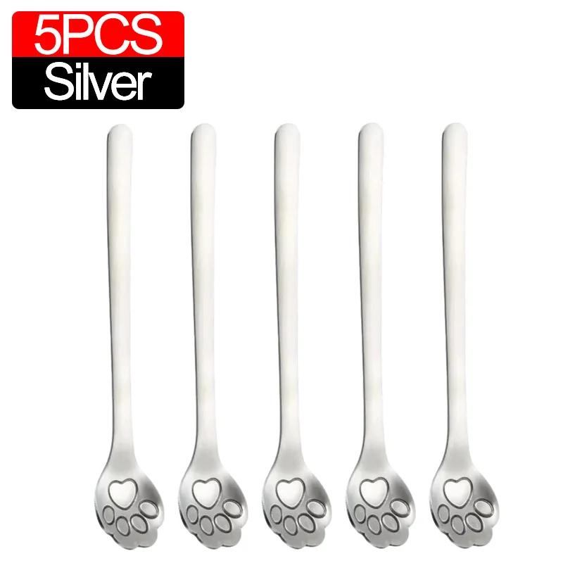 5/1PCS Creative Cute Cat Claw 304 Stainless Steel Spoon for Ice Cream Coffee Tea Dessert Spoon Kitchen Tableware Accessories