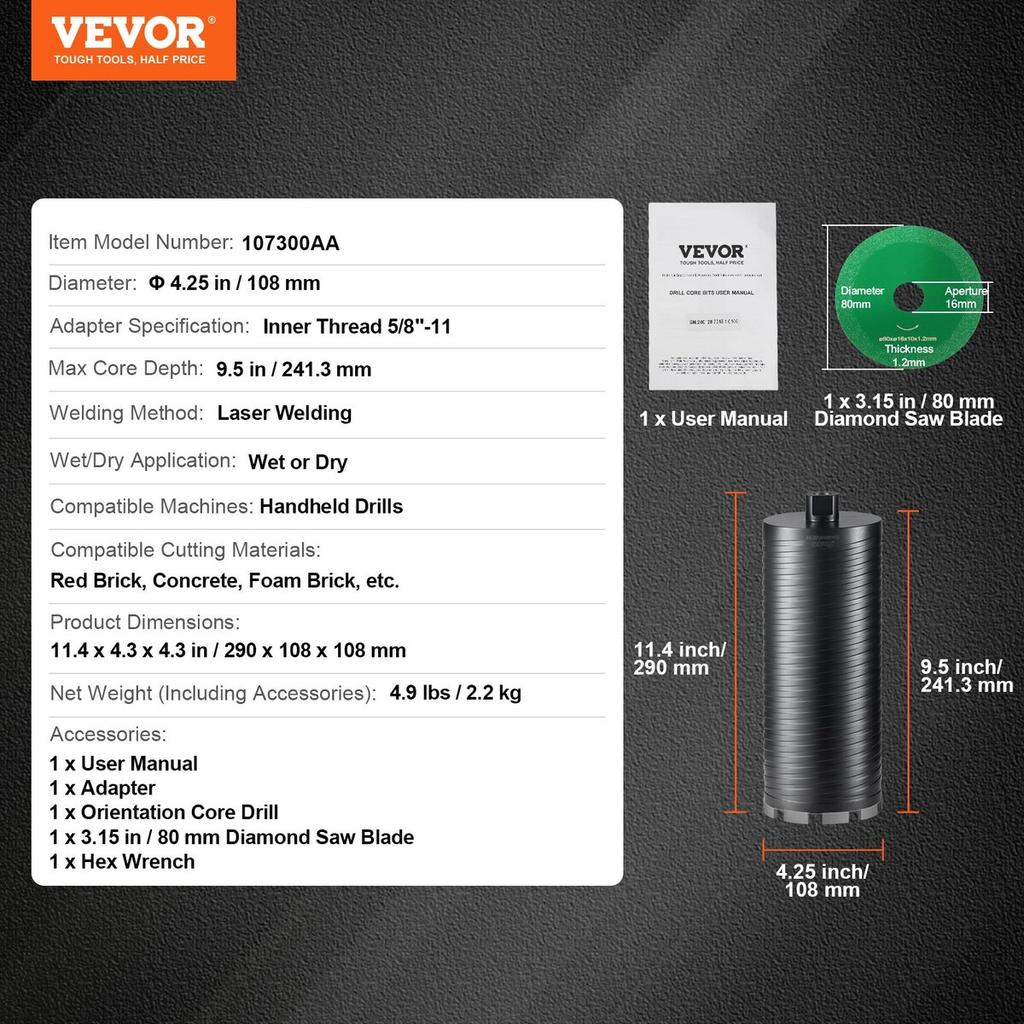 Core Drill Bit, 4.25" Wet/Dry Diamond Core Drill Bits for Brick and Block, Concrete Core Drill Bit with Pilot Bit Adapter and Saw Blade, 9.5" Drilling