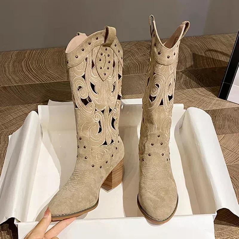 Fashion Hollow Embroidered Retro Western Boots Women Pu Leather Knight Booties New 2025 Autumn Chunky Heels Knee High Woman Cowboy Boots