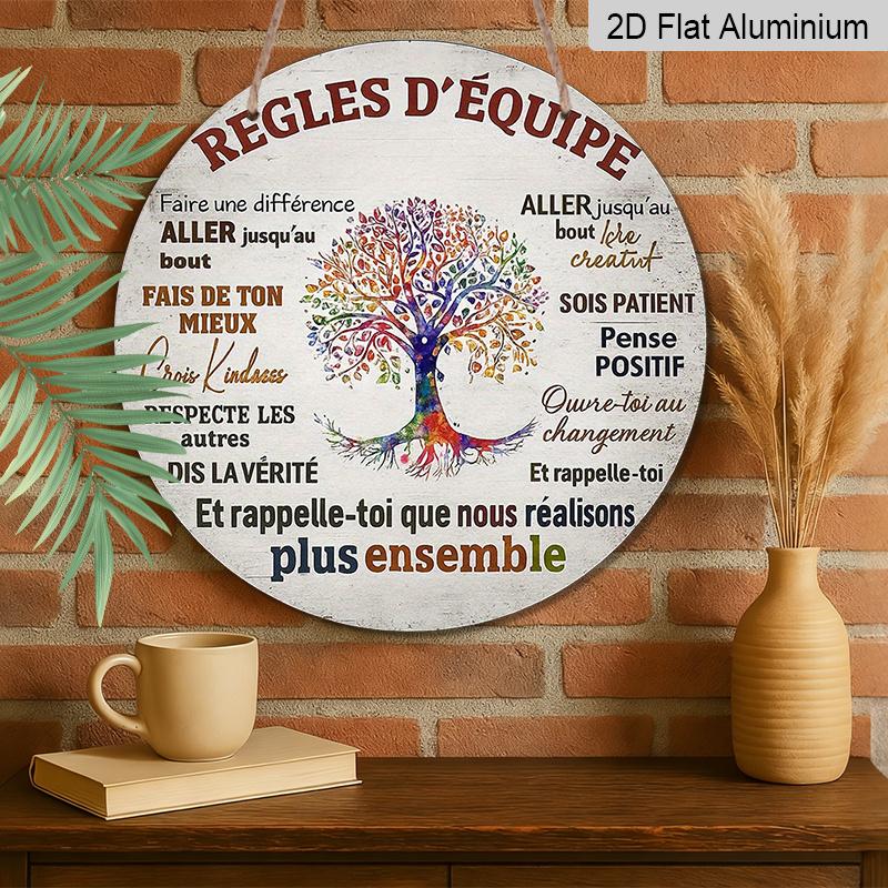 2D Flat, 1pc 7.87x7.87 Inch Round French Aluminum Sign, a Vintage Decorative Plaque About "Team Rules, " a "Positive Thinking" Decorative Sign