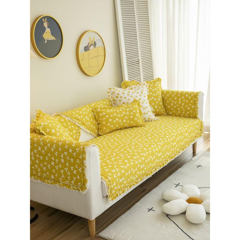 

Pure Cotton Sofa Cushion All Year Round General Fabrics Cushion Non Slip Nordic Simple Modern Lace Edge Small Floral Window Cushion Yellow style 70*70cm