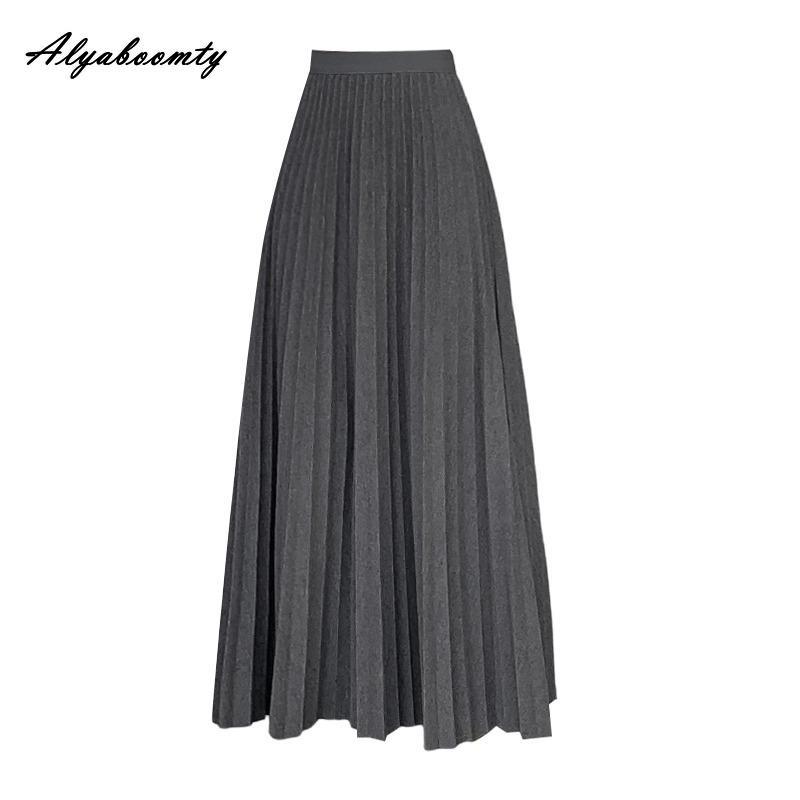 Elegant Fashion Autumn Winter Women Midi Skirt Elastic Waist Grey Black Purple Brown Navy Woolen Skirt Feminine Pleated Wool Warm Skirt