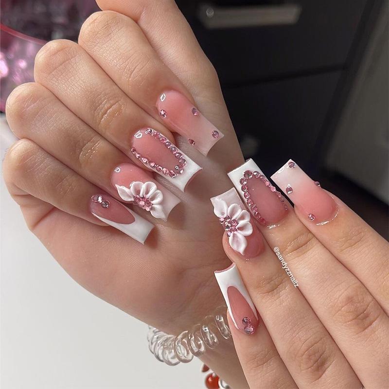 

Medium Long Bowknot Diamond Chain Manicure Blush Gradient Nail Tips Glue Type