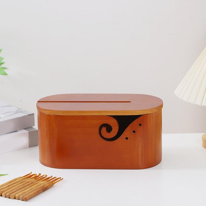 Oval Shape Wooden Knitting Bowl with Holes Multifunctional Yarn Holder with Lid for Crocheting Knitting Tool Storage