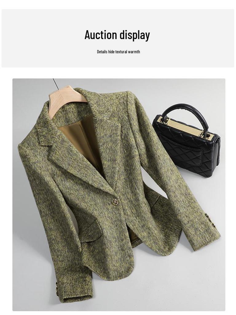 Damenwolle Grün Kurzer Blazer - Winter 2025, Kleine Größe, High-End Temperament, Verdickte Jacke