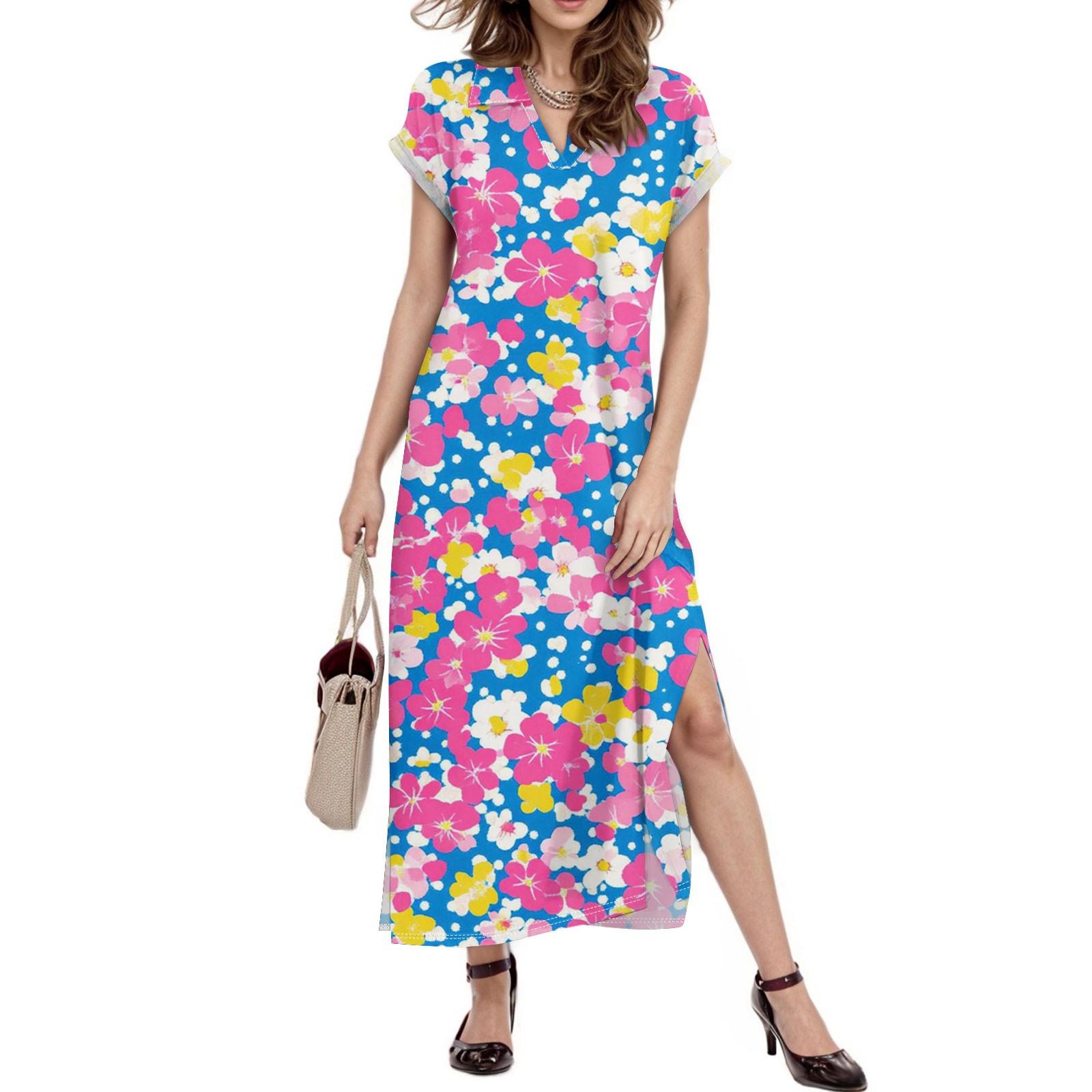 

Женское платье макси с цветочным принтом, повседневное платье-рубашка с длинным рукавом и свободным разрезом, праздничное платье с коротким рукавом XL киноварь