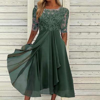 Women's Floral Lace Midi Dress Summer Crewneck Chiffon Swing Dress Cocktail Evening Long Dress for Wedding Guest Bridesmaid Party