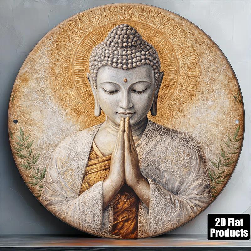 D Flat pc InXCm D Flat Round Sign Vintage Plaque with Buddhist Buddha Image Meditation Zen Decorative Sign Suita