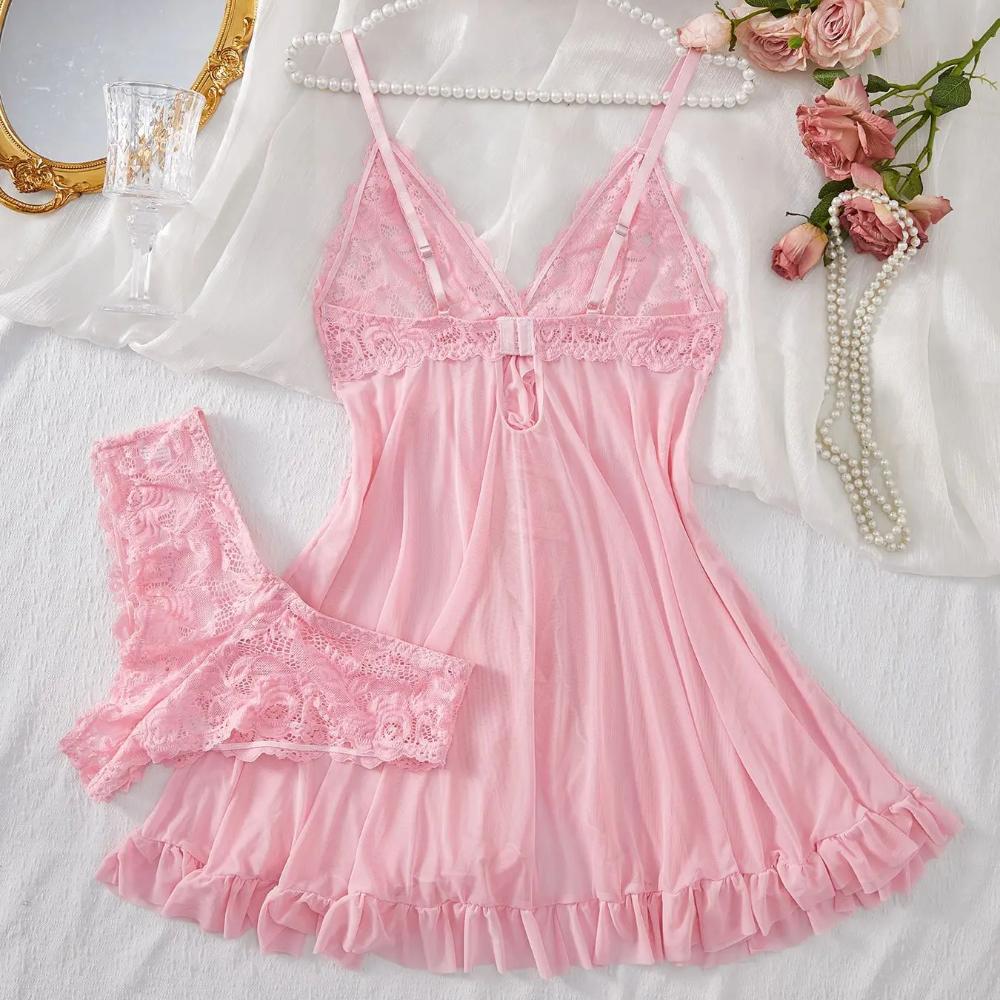 Sexy Lingerie Set Women Erotic Bra Nightdress Sexy Lace Sleepwear Solid Slim Soft Dresses V Neck Full Slip Sleepwear & Dresses