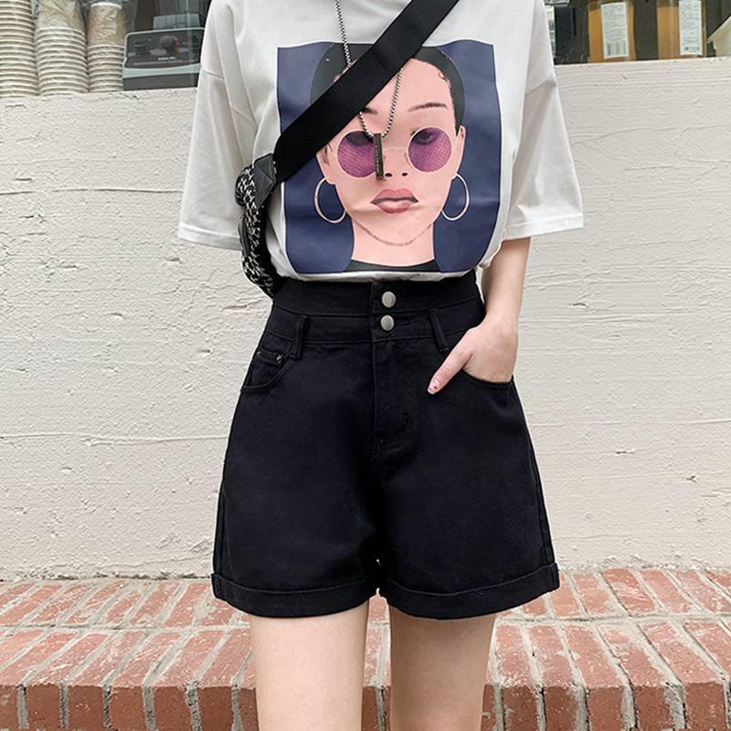 

Универсальные узкие джинсовые шорты женские с ультра-высокой талией, сотни летних брюк А-силуэта, свободные, с двумя пуговицами, широкие, нарядные, прямые, подвернутые 2XL чёрный