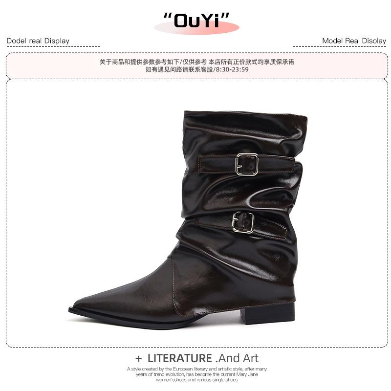 Cowhide Version~ Pointed Western Cowboy Boots Women's Autumn and Winter Thin Maillard Short Boots Retro Low-heeled Medium Tube Knight Boots