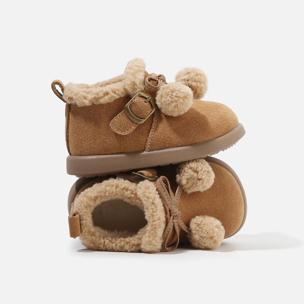 2025 Winter Girls' Korean-Style Plush Lined Snow Boots with Pom-poms, Non-slip and Thickened.