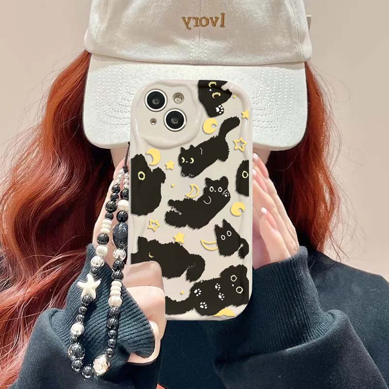 Cute Black Cat Bracelet Chain Case For Samsung Galaxy S25 Ultra S22 S21 S20 Plus S21FE S20FE S25FE A31 Y2K Soft Wave Side Cover