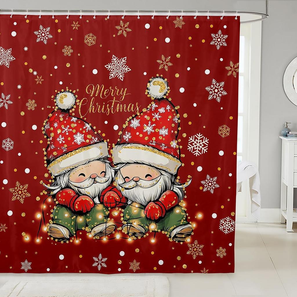 Christmas Cat Shower Curtain Cute Pet Cat Animal Bathroom Shower Curtain Sets, Xmas Decor Christmas Hat Fabric Shower Curtain