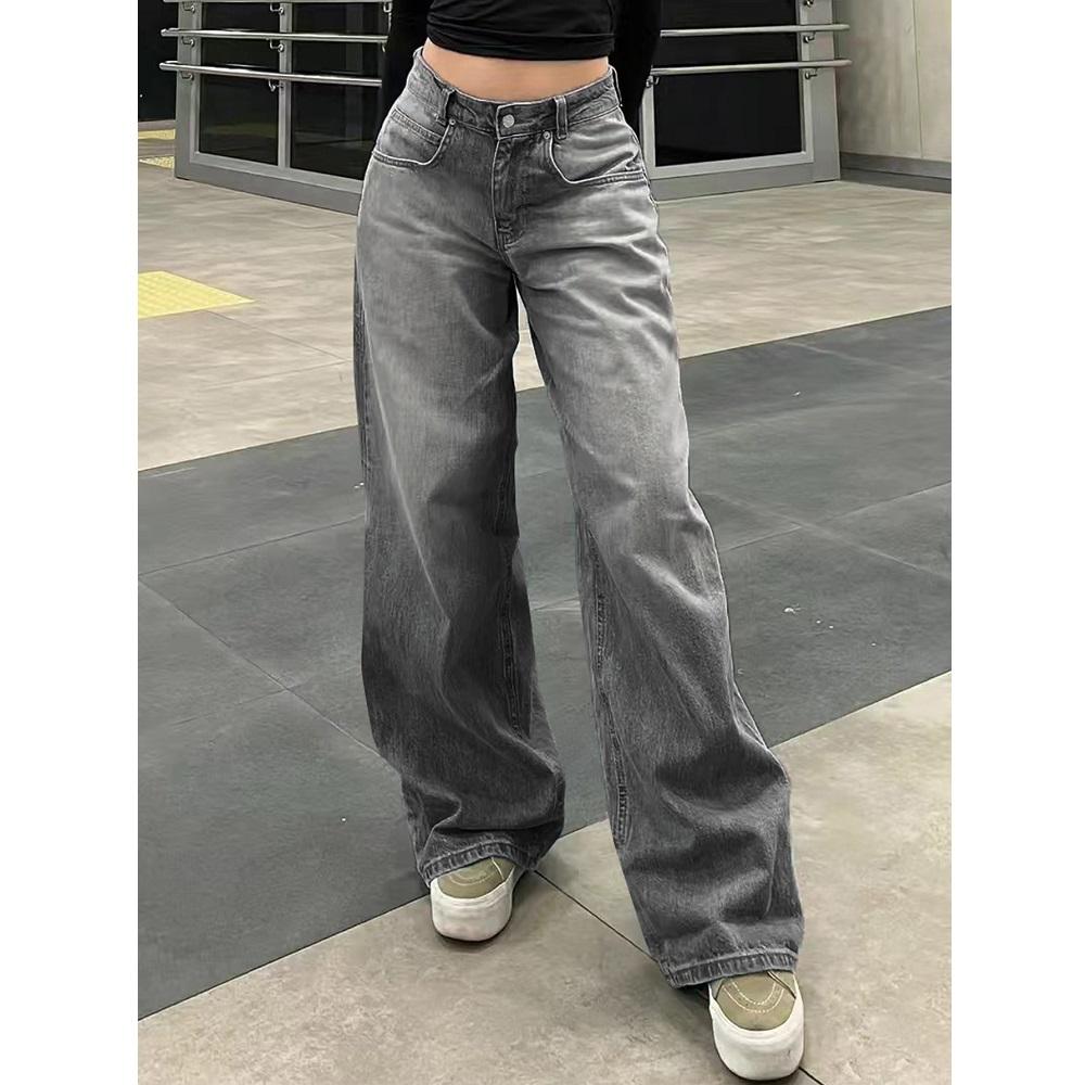 Retro Washed Denim Jeans für Damen Weites Bein Streetwear Baggy Jeans Damen Lässige Lange Hosen