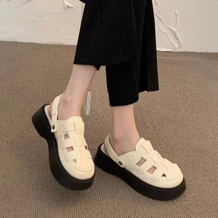 Fashion Women's Hollow Sandals Summer New Breathable Roman Platform Half Slippers Outdoor Lightweight Comfortable Height Increase Flats