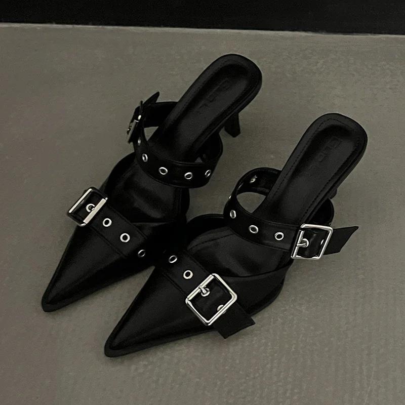 Fashion Punk Metal Buckle High Heels Shoes for Women Sexy Pointed Toe Stiletto Heel Sandals Woman Summer 2025 Fashion Party Silver Pumps