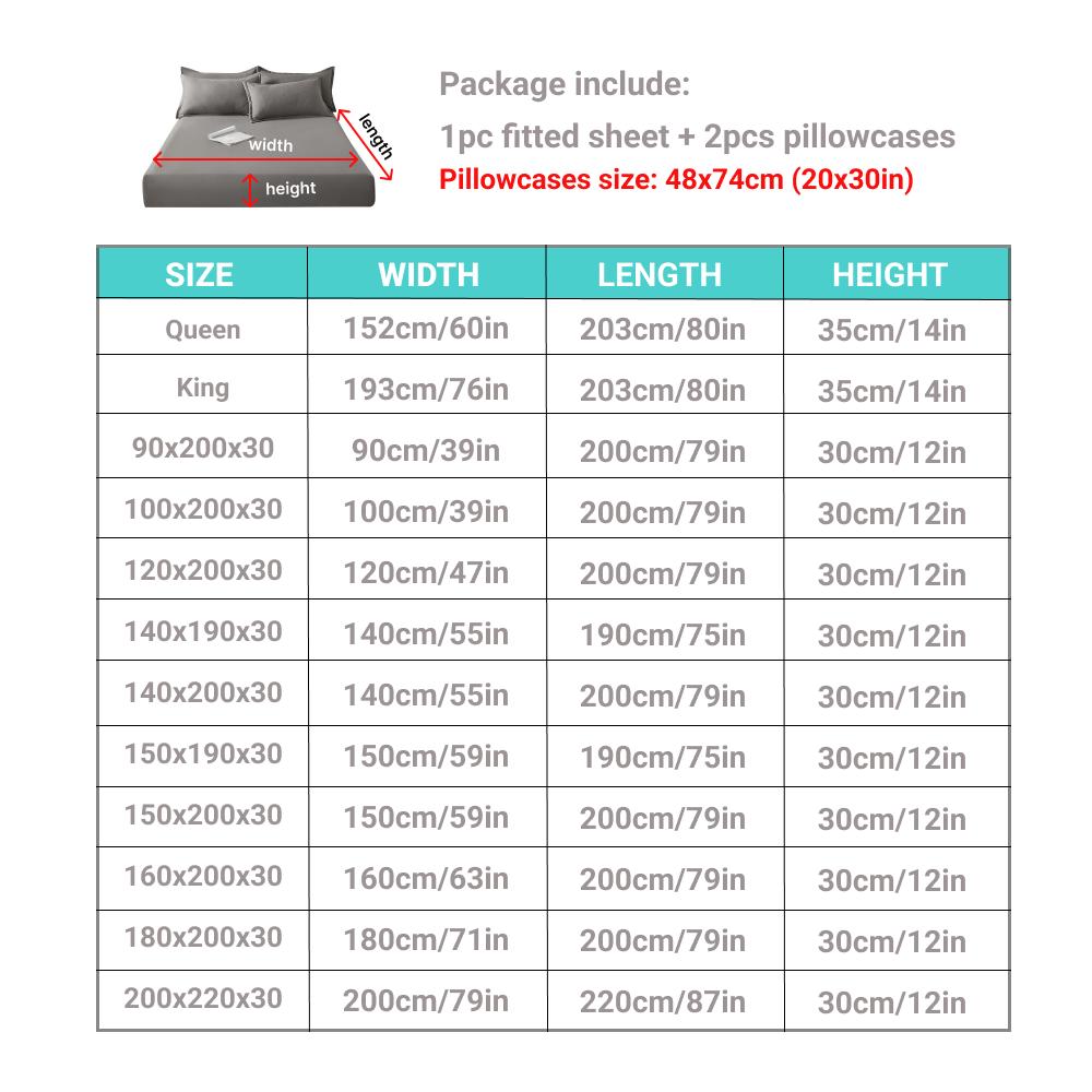 3pcs Cotton Fitted Bed Sheet Set (1 Fitted Sheet + 2 Pillowcases) Breathable Soft Mattress Cover with Pillow Cover Bedding Set