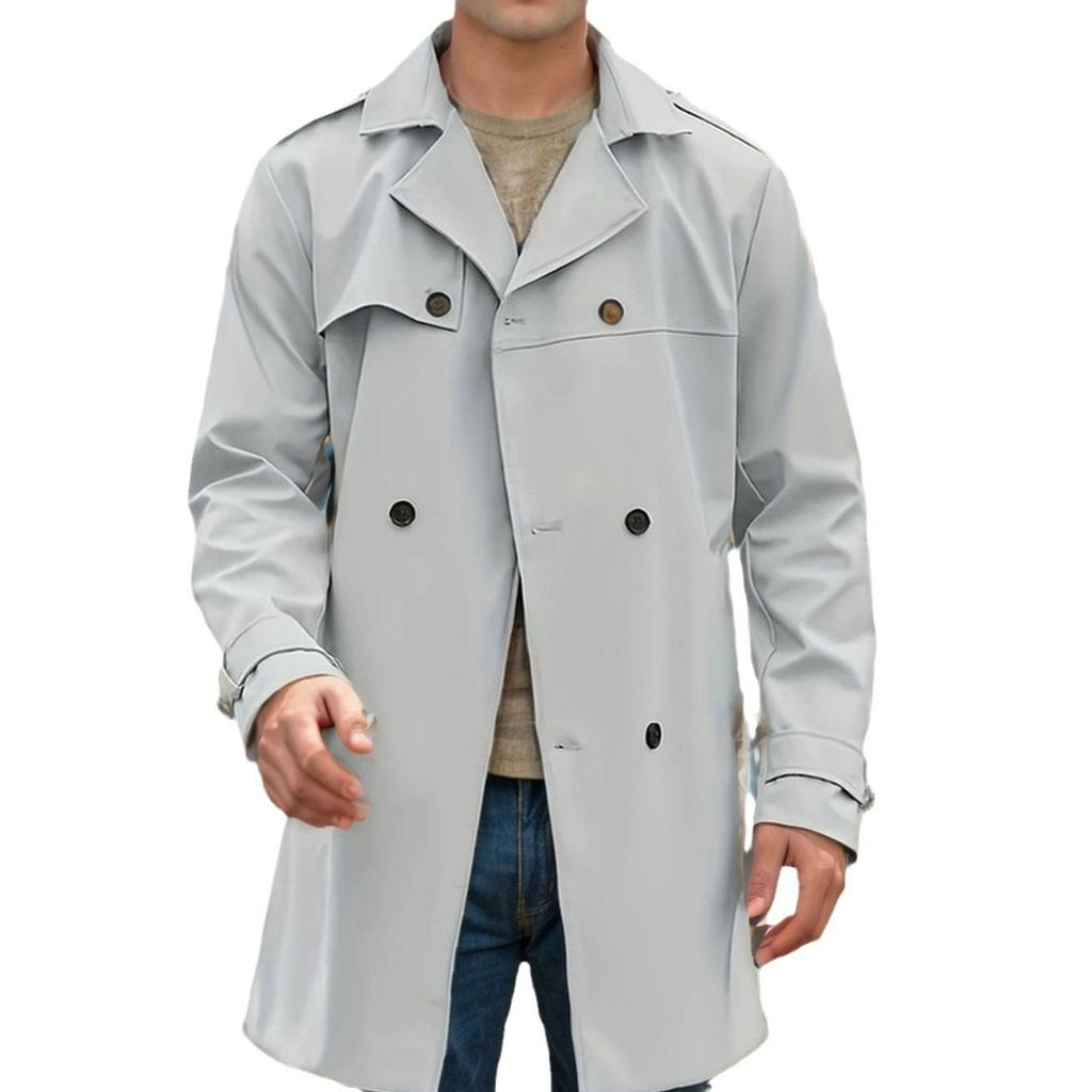 Frühling und Herbst Einfarbig Europäischer und Amerikanischer Langarm-Trenchcoat Herren Revers Schmal geschnittene Zweireihige Freizeitjacke