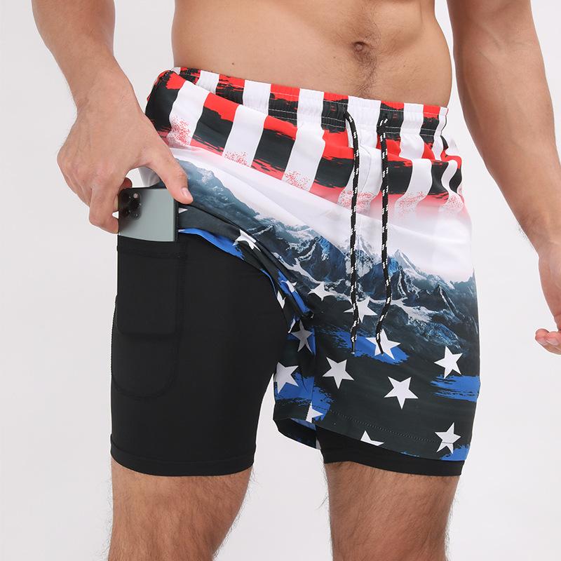Men's Summer Sports and Leisure Printed Double-layer Anti Glare Beach Shorts