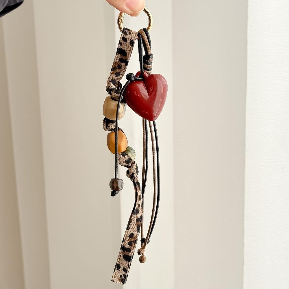 Vintage Leopard Patterned Heart Keychain Mushroom Woven Rope Backpack Pendant Handmade Beaded Bag Charm