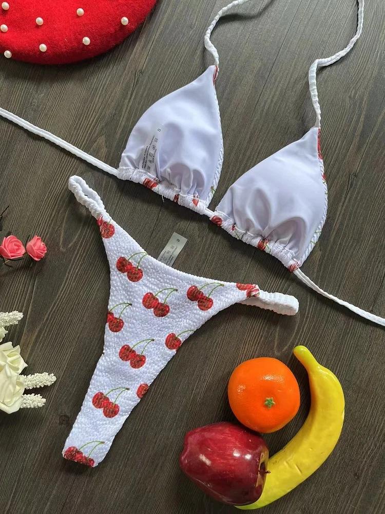 2025 Brazilian Bikini Women Suit, Beach Fashion, Sexy Thong Swimsuit, Cute Cherry Print