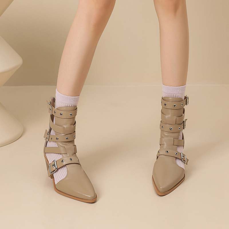 

Krazing Pot Кожа коровы Острый носок Размер 43 Массивные каблуки Летние ботинки Заклепки Мода Ажурные Пряжка на ремне Ботильоны 43 абрикосовый