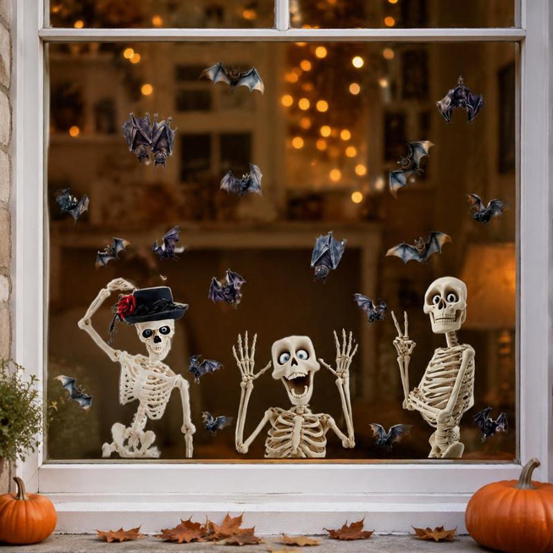 4 szt. Naklejki Okienne na Halloween Do Dekoracji Pokoju Szkielety Nietoperze Pajęczyny Naklejki Statyczne Łatwe do Przyklejenia Bez Kleju